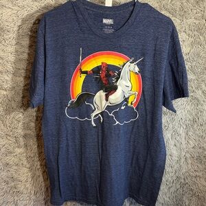 Vintage Men's Large Marvel Blue T-Shirt Deadpool & Unicorn Graphic Print Tee